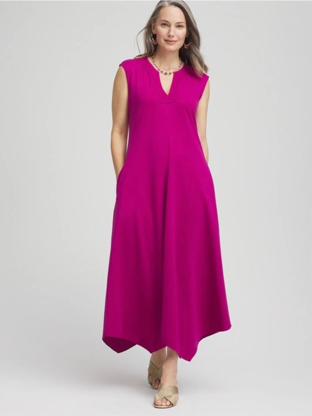 Chicos Trapunto Placket Maxi Dress Size Large 2 Purple Asymmetrical Cap Sleeve